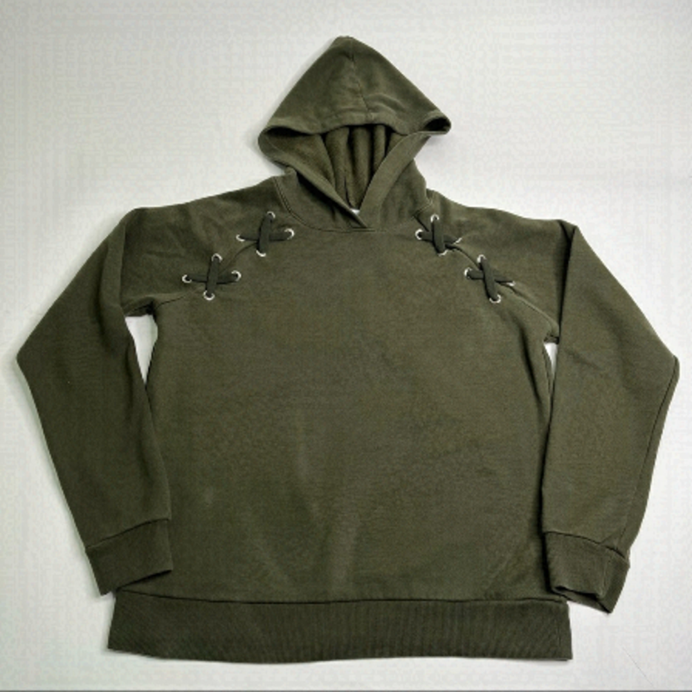 MYSTYLE Olive Green Soft Crisscross Grommet Cozy Hoodie Fleece Lined Sweater
